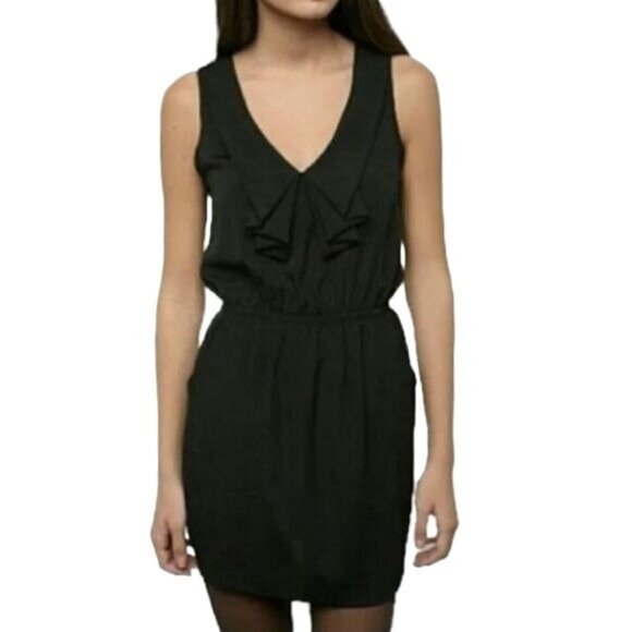 SILENCE + NOISE ANTHRO Womens Dress XSmall Black Sheer Mini Short Pockets Ruffle - Picture 1 of 9